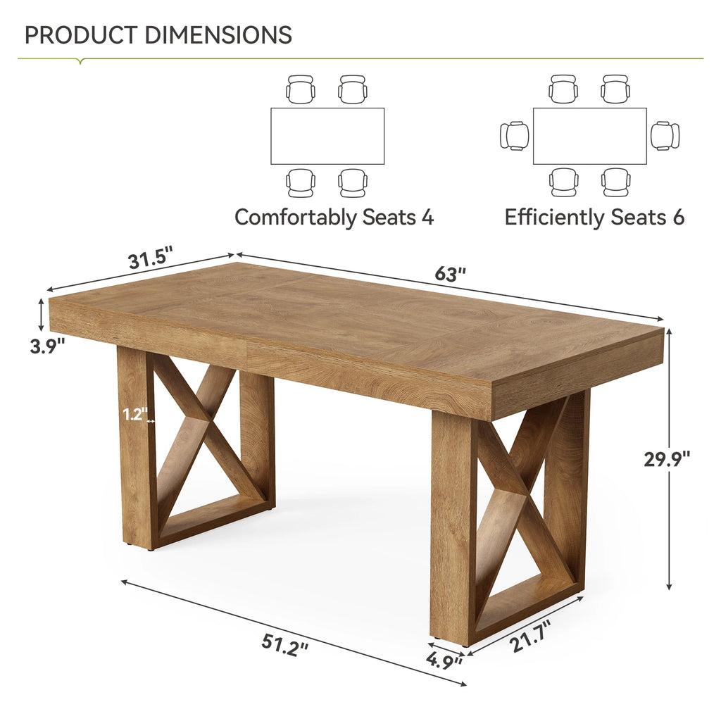 63-Inch Dining Table for 4-6 People, Farmhouse Thick Appearance Design, Rectangle Kitchen Table for Dining Room, Living Room, Brown
