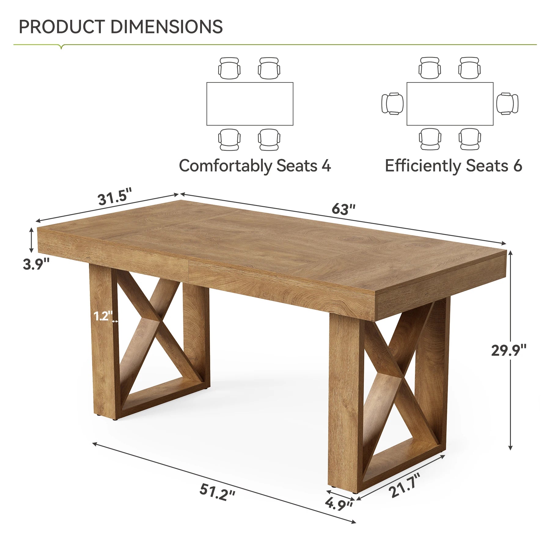 63-Inch Dining Table for 4-6 People, Farmhouse Thick Appearance Design, Rectangle Kitchen Table for Dining Room, Living Room, Brown