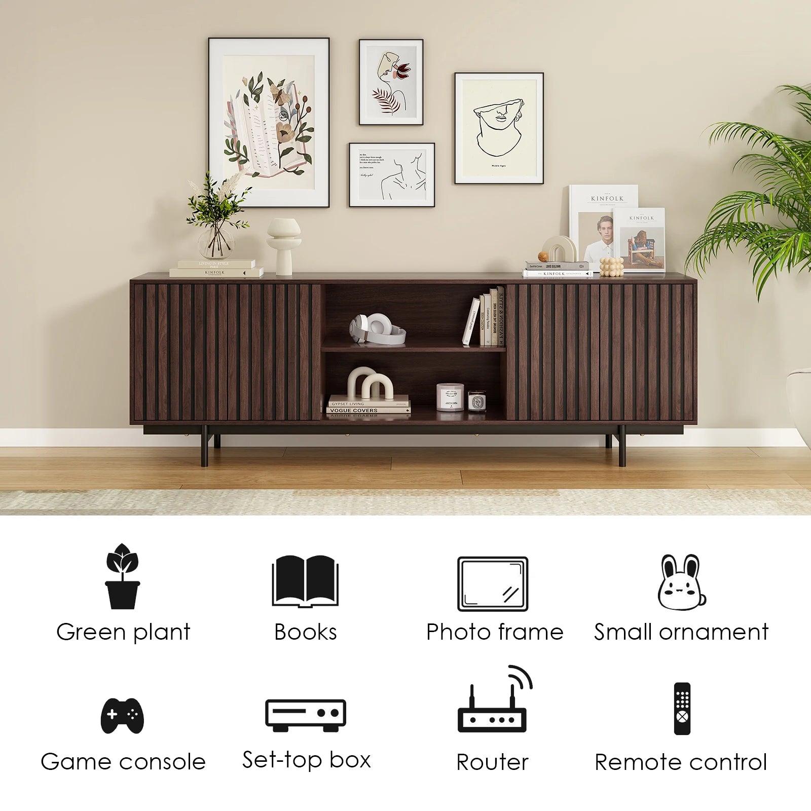 Wood TV Stand for Tvs up to 75", Modern Entertainment Center with Storage & Open Shelf, for Living Room, Bedroom