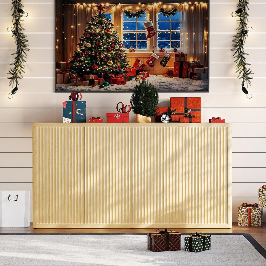 66.3In Large Sideboard Buffet Cabinet, Kitchen Modern Fluted Cupboard Coffee Bar Console Table Credenza Storage Cabinet with Adjustable Shelves for Living Room Hallway, 4 Doors