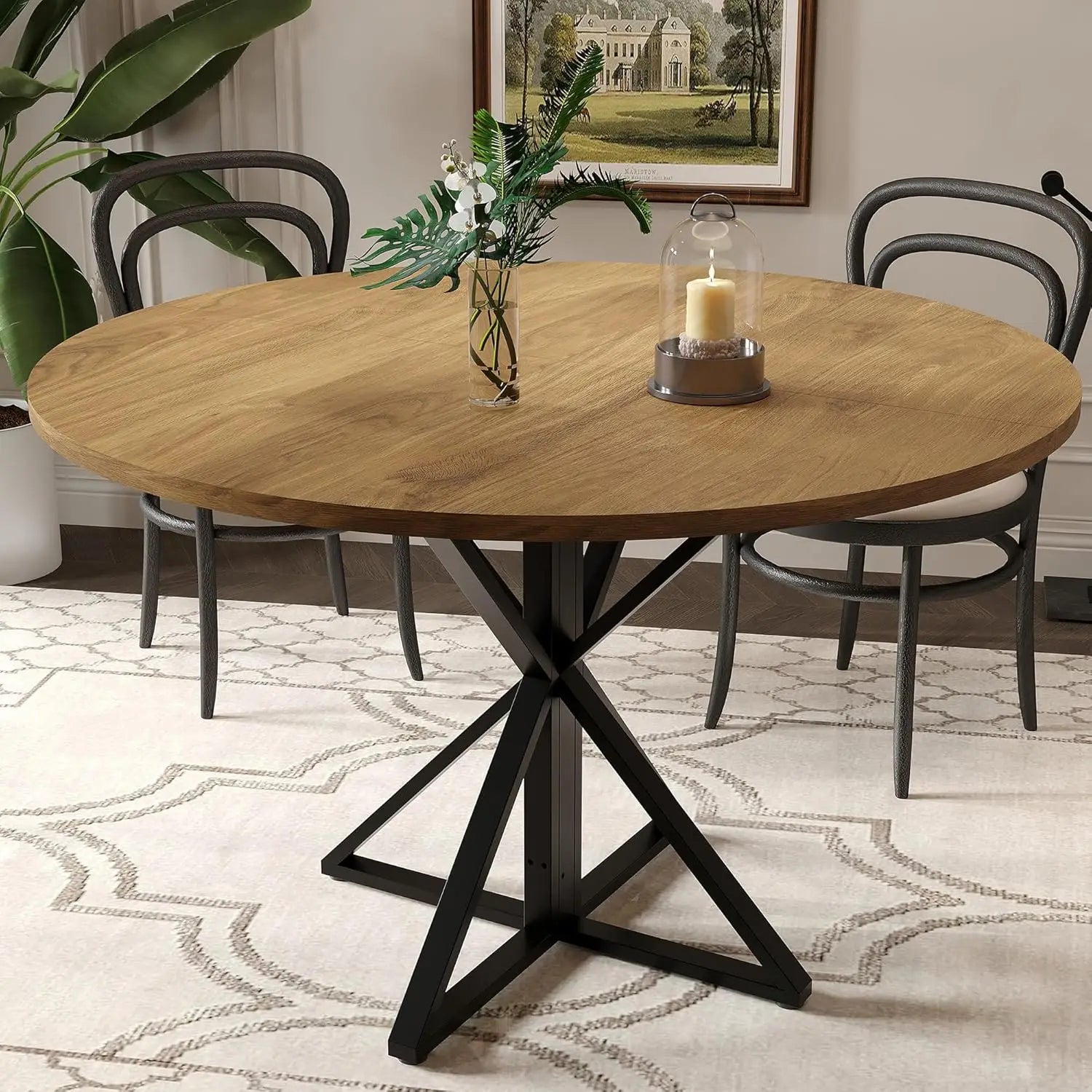 47" round Dining Table for 4, Wood Top & Heavy-Duty Metal Pedestal Dinner Table for Dining Room, Kitchen, Living Room Farmhouse