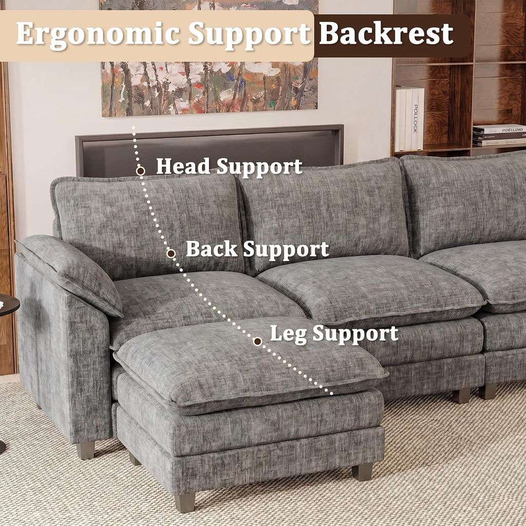 118.9" L Shaped Sectional Couch, Modular Cloud Sofa, Light Grey | Comfy Chenille, Movable Ottoman, Deep Seat, Double Layer Cushion, 3 Seat, High-Density Foam, for Living Room