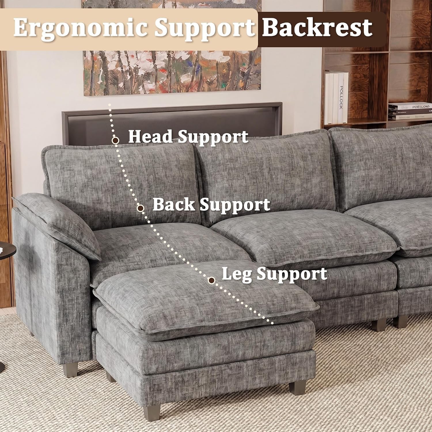 118.9" L Shaped Sectional Couch, Modular Cloud Sofa, Light Grey | Comfy Chenille, Movable Ottoman, Deep Seat, Double Layer Cushion, 3 Seat, High-Density Foam, for Living Room