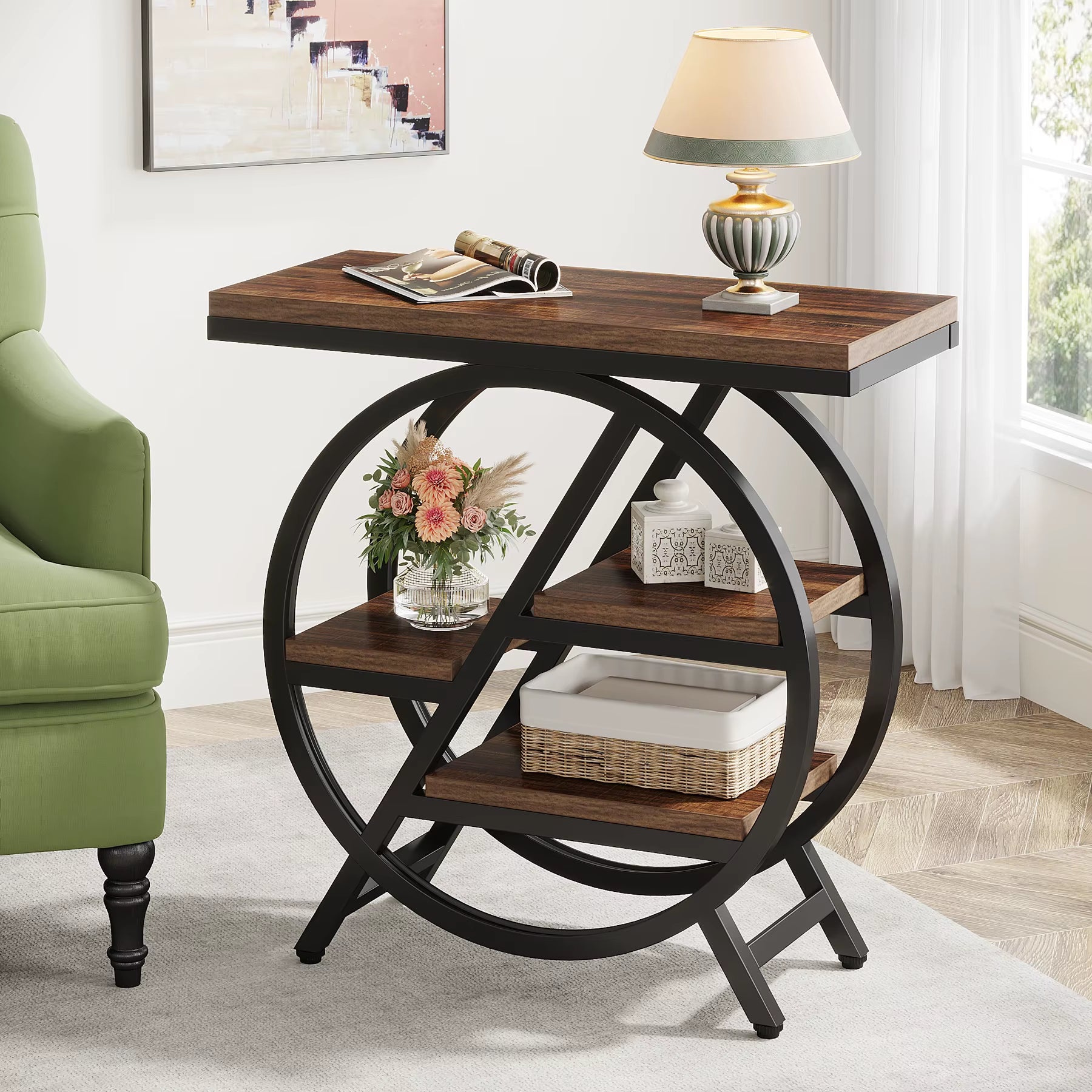 End Table, Narrow End Table with 3 Storage Shelves, Wooden Side Table, Industrial Small Sofa Side Table
