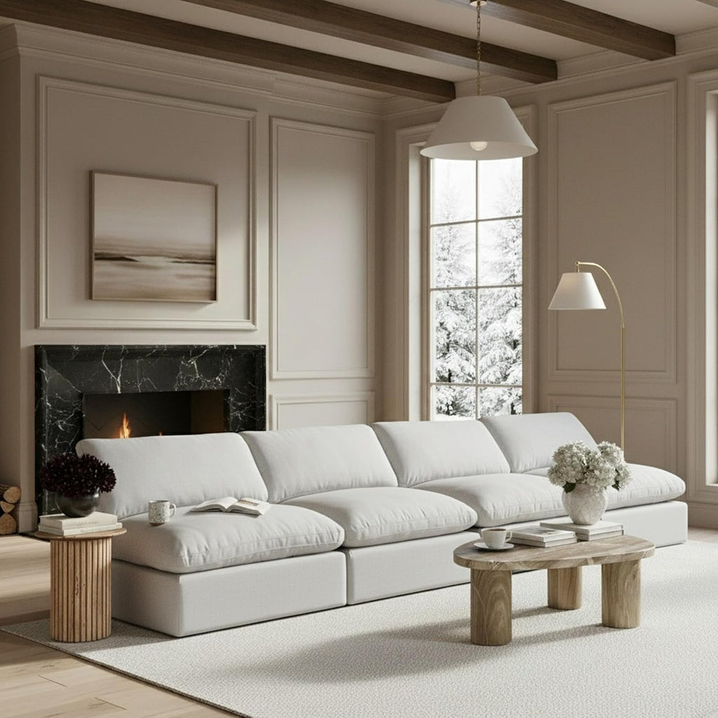 187White-S78 Comfy Collection Modern | Contemporary Upholstered Modular Sofa with White Linen Textured Fabric Upholstery, down Feather Cushions, 78" W X 40" D X 34.5" H, White
