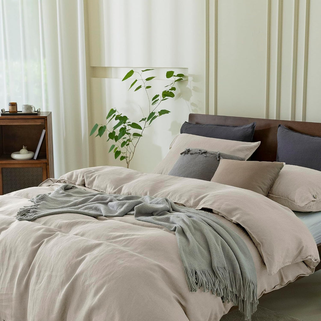100% Pure Linen Duvet Cover Set King Size 104X90 Inch 3 Pieces (1 Duvet Cover, 2 Pillowcases) Soft and Breathable for All Season with Coconut Button Closure, Suitable for Hot Sleepers