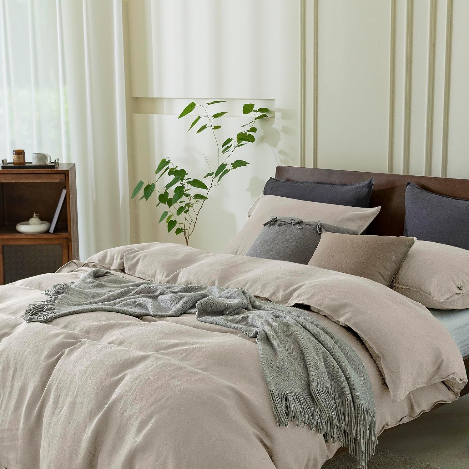 100% Pure Linen Duvet Cover Set King Size 104X90 Inch 3 Pieces (1 Duvet Cover, 2 Pillowcases) Soft and Breathable for All Season with Coconut Button Closure, Suitable for Hot Sleepers