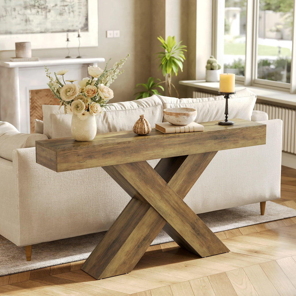 Narrow Console Table, 140 Cm Country-Style Entryway Table, X-Shaped Coffee Table behind the Sofa for Living Room, Entrance Area, Foyer, Hallway, Rustic Brown