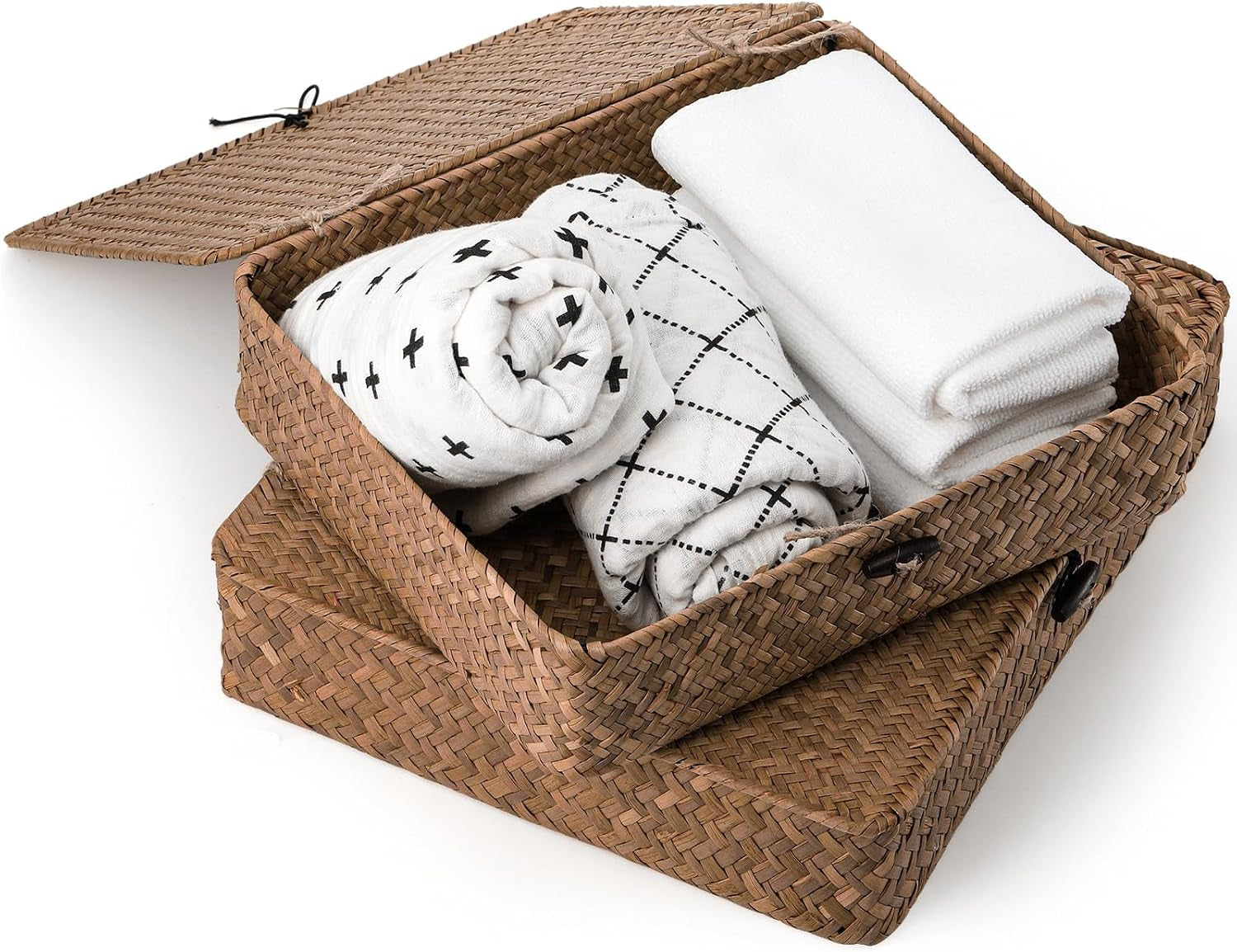 2 Pack Flat Wicker Woven Storage Bins with Lid and Wood Toggle, Natural Handmade Seagrass Basket Set, Rattan Organizer Bins for Shelf, Closet, Bedroom