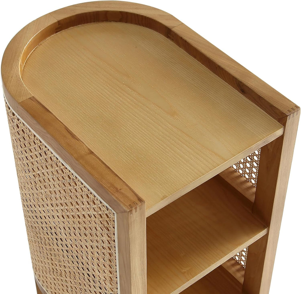 Versailles Rattan Bedside End Table Accent Sofa Side Table for Living Room, Bedroom, Study and Home Office with 2 Shelf Storage, Natural Cane