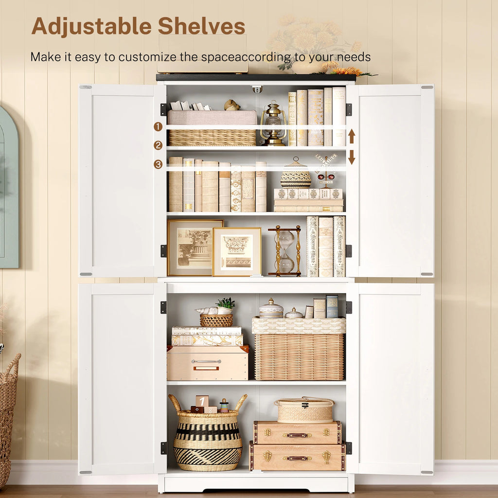 58" H Storage Cabinet with Adjustable Shelf, Farmhouse Kitchen Pantry Cabinet, Bathroom Cabinet with 4 Doors, Cupboard for Kitchen, Bathroom, Living Room, White