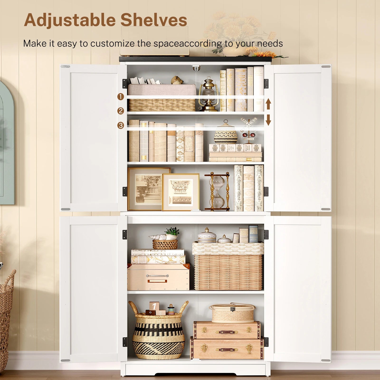 58" H Storage Cabinet with Adjustable Shelf, Farmhouse Kitchen Pantry Cabinet, Bathroom Cabinet with 4 Doors, Cupboard for Kitchen, Bathroom, Living Room, White