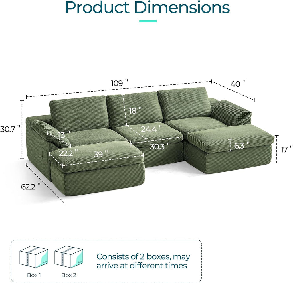 109" Modular Couch Modern Boneless Cloud Couch, U Shaped Sofa with Movable Ottomans, Deep Seat Corduroy Sectional Couches for Living Room, Apartment, No Assembly Required, Green
