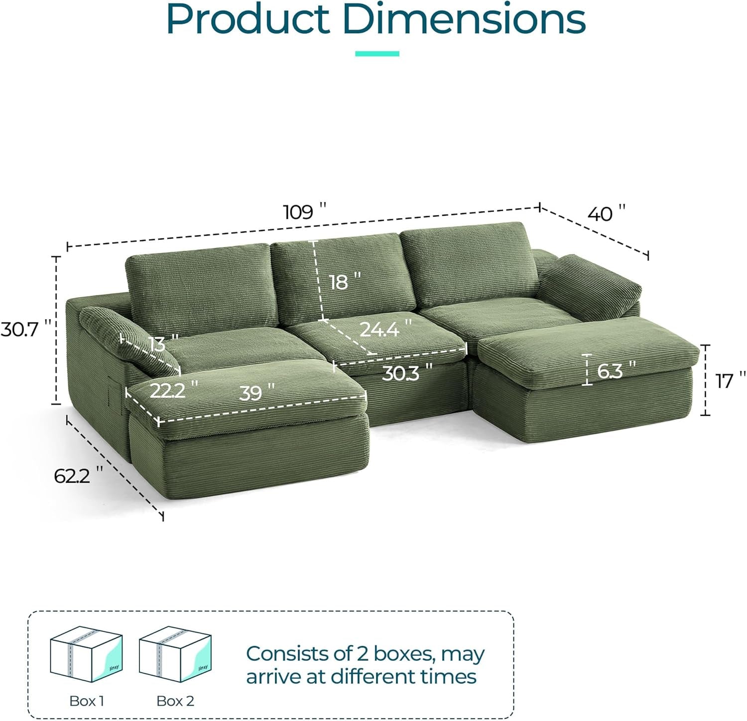 109" Modular Couch Modern Boneless Cloud Couch, U Shaped Sofa with Movable Ottomans, Deep Seat Corduroy Sectional Couches for Living Room, Apartment, No Assembly Required, Green