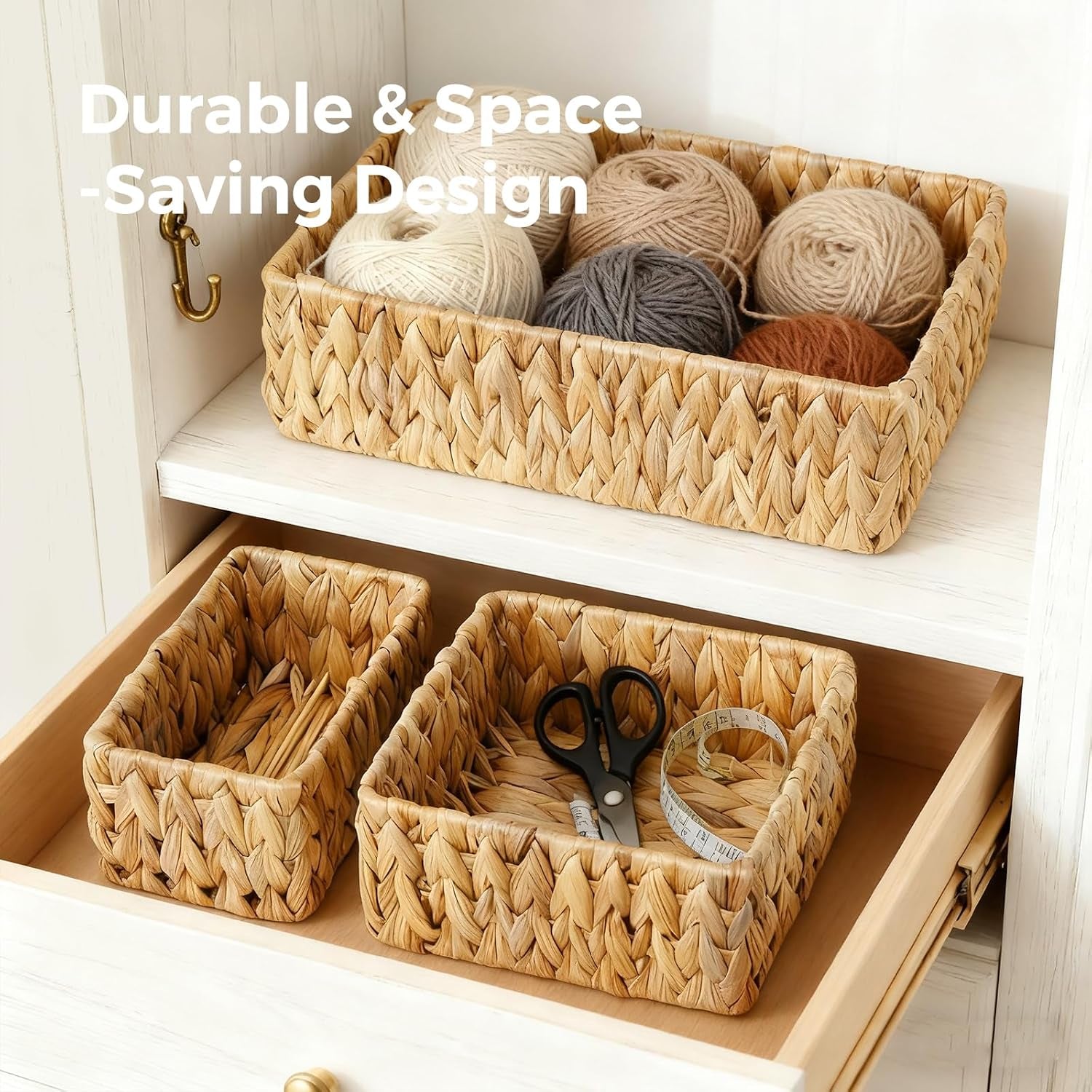 Wicker Storage Baskets Set of 3, Large and Small Wicker Pantry Baskets Set | Handwoven Water Hyacinth Baskets for Organizing, Decorative Natural Woven Baskets 3Pack for Toilet Shelves, Boho Decor