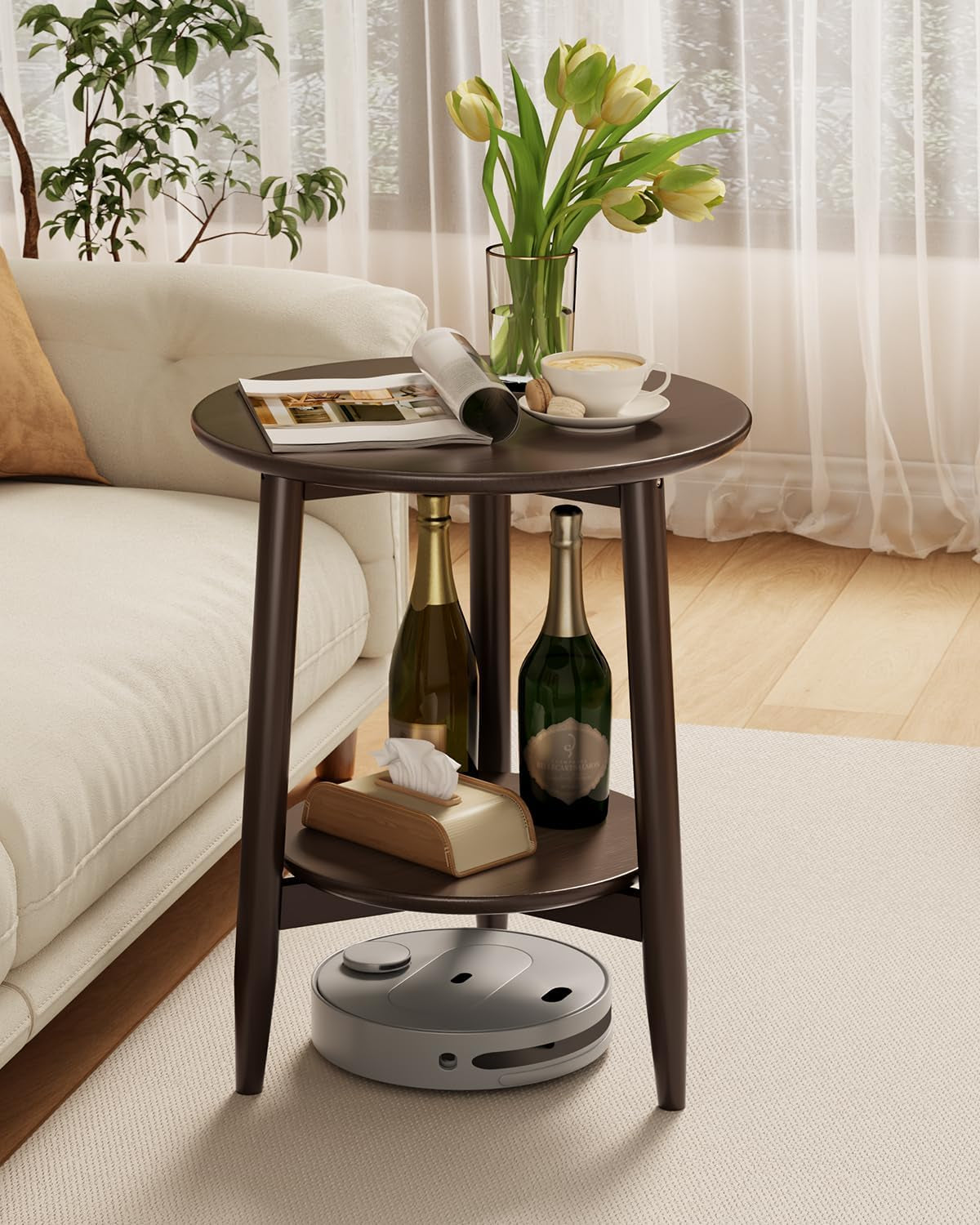 Solid Wood round End Table with Lower Shelf, round Side Table, Dark Walnut | Solid Wood round End Table with Lower Shelf for Storage,Small round Coffee Table.Fits Small Spaces in Living Room or Bedroom.