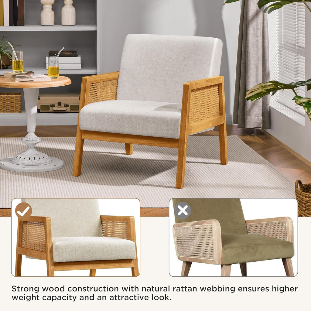 Yaheetech Rattan Accent Chair, Boho Vintage Armchair, Beige | Boucle Fabric Chair, Upholstered Reading Chair with Wood Armrest and Legs for Living Room Bedroom Reception Waiting Room