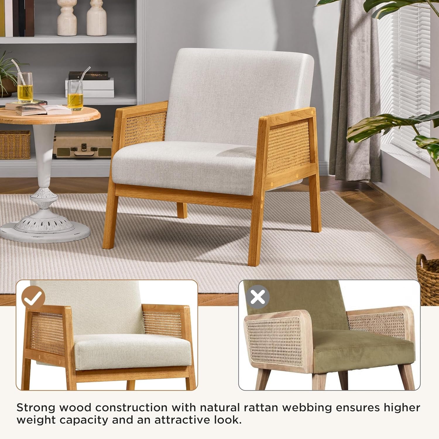 Yaheetech Rattan Accent Chair, Boho Vintage Armchair, Beige | Boucle Fabric Chair, Upholstered Reading Chair with Wood Armrest and Legs for Living Room Bedroom Reception Waiting Room