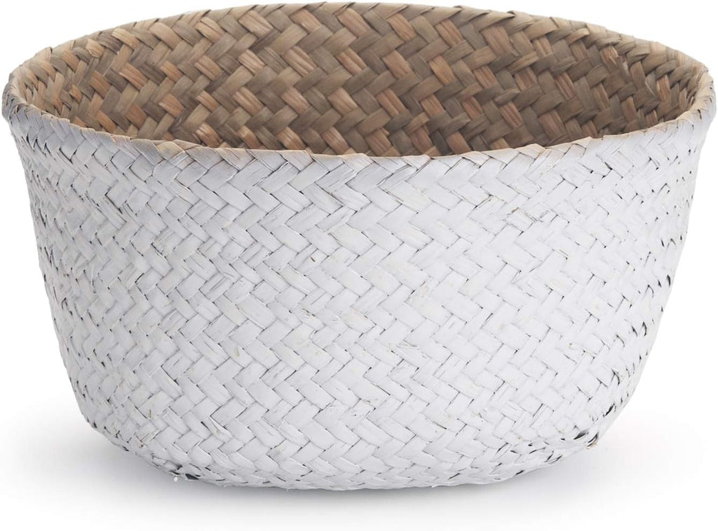 Seagrass Plant Basket with Handles, Natural Woven Storage Wicker Baskets (White S(7“ D X 8" H))