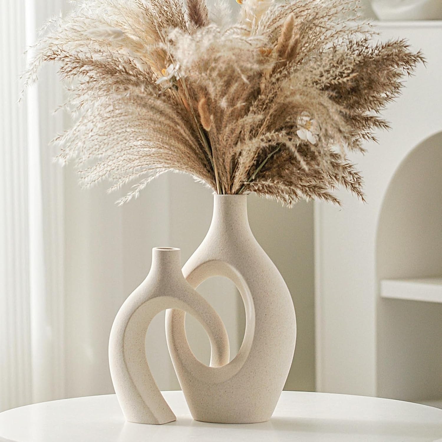 Snuggle Hollow Ceramic Vase Set of 2 for Boho Nordic Modern Decor | round Mid Century Aesthetic Decorative Vases for Home Decor Living Room Kitchen Book Shelf Decorations (Cream W 6.8" X H 11")
