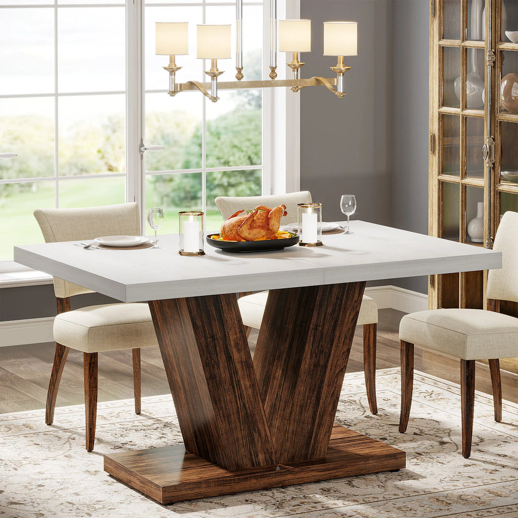 47-Inch Dining Table for 4-6, White Kitchen Dinner Table with Heavy Duty Pedestal, Farmhouse Wooden Eating Table