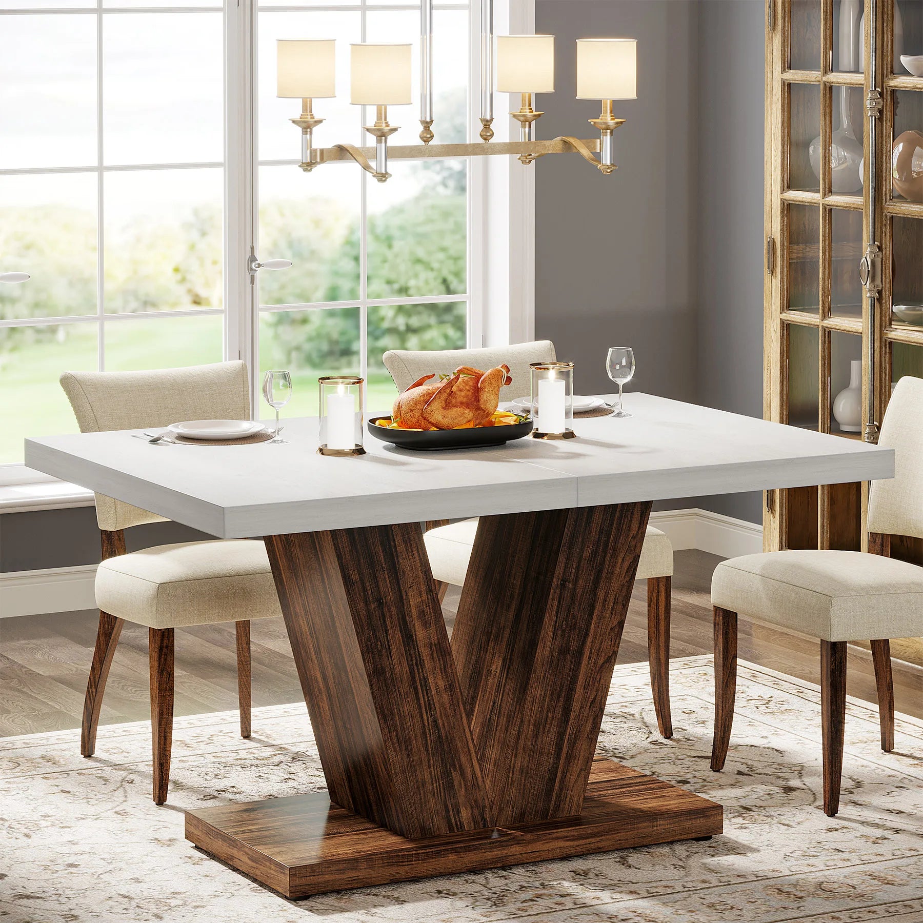 47-Inch Dining Table for 4-6, White Kitchen Dinner Table with Heavy Duty Pedestal, Farmhouse Wooden Eating Table