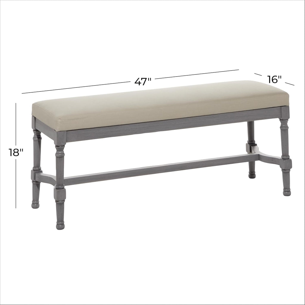 Grey wood entryway bench with burlap seat