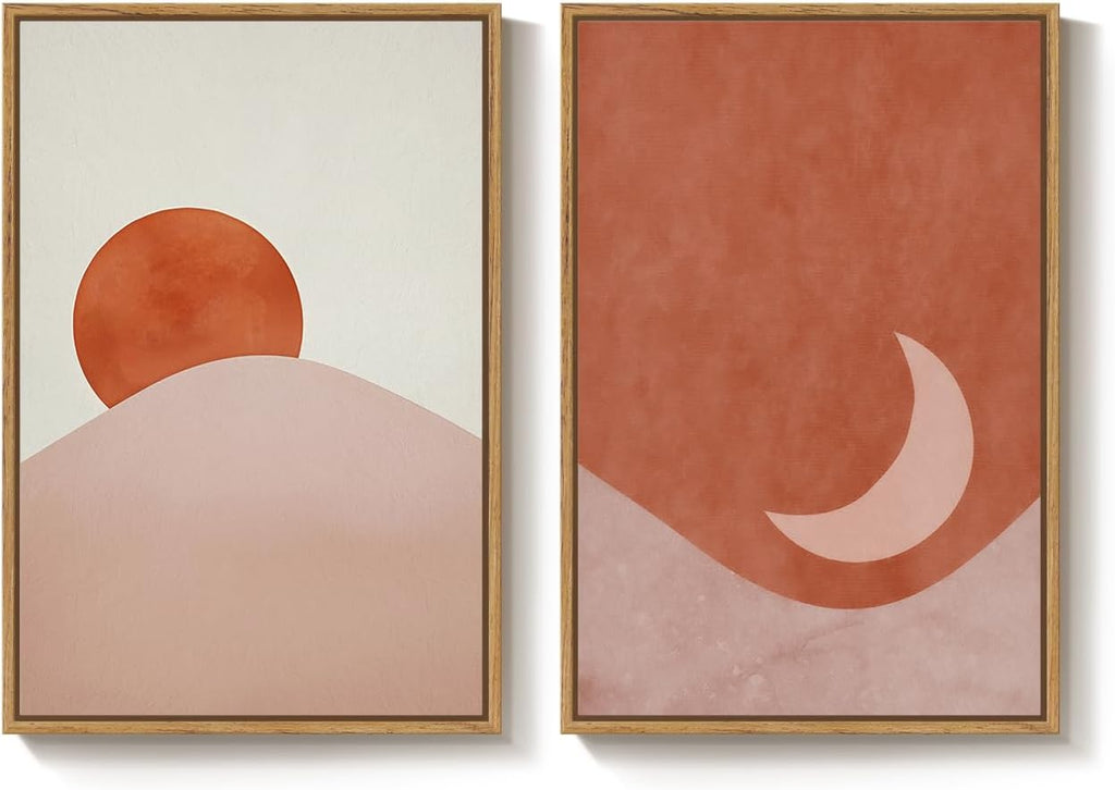 Framed Boho Terracotta Sun and Moon Canvas Wall Art Bedroom, 20X30 Inch | Sun and Moon, Set of 2, Canvas Print, Bohemian Pictures, Mid Century Modern, Terracotta Beige Artwork, Dining Room Wall Decor