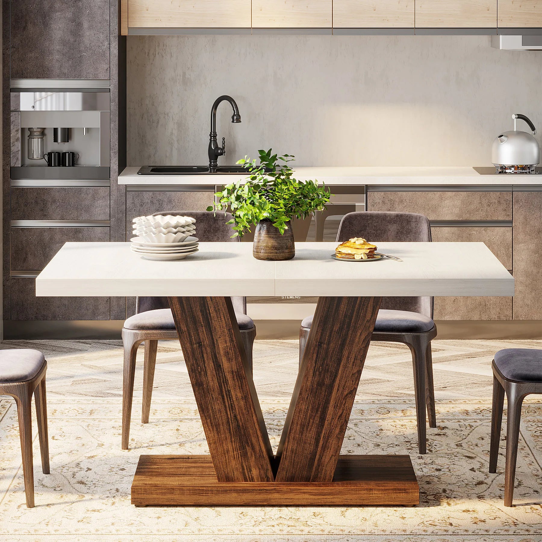 47-Inch Dining Table for 4-6, White Kitchen Dinner Table with Heavy Duty Pedestal, Farmhouse Wooden Eating Table