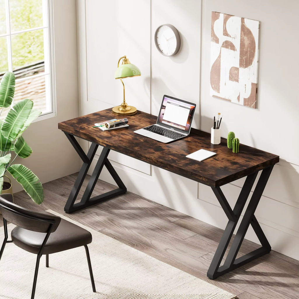 Writing Computer Desk, 55 Inch Heavy Duty Study Desk with Z-Shaped Metal Leg, Modern Simple Home Office Computer Desk