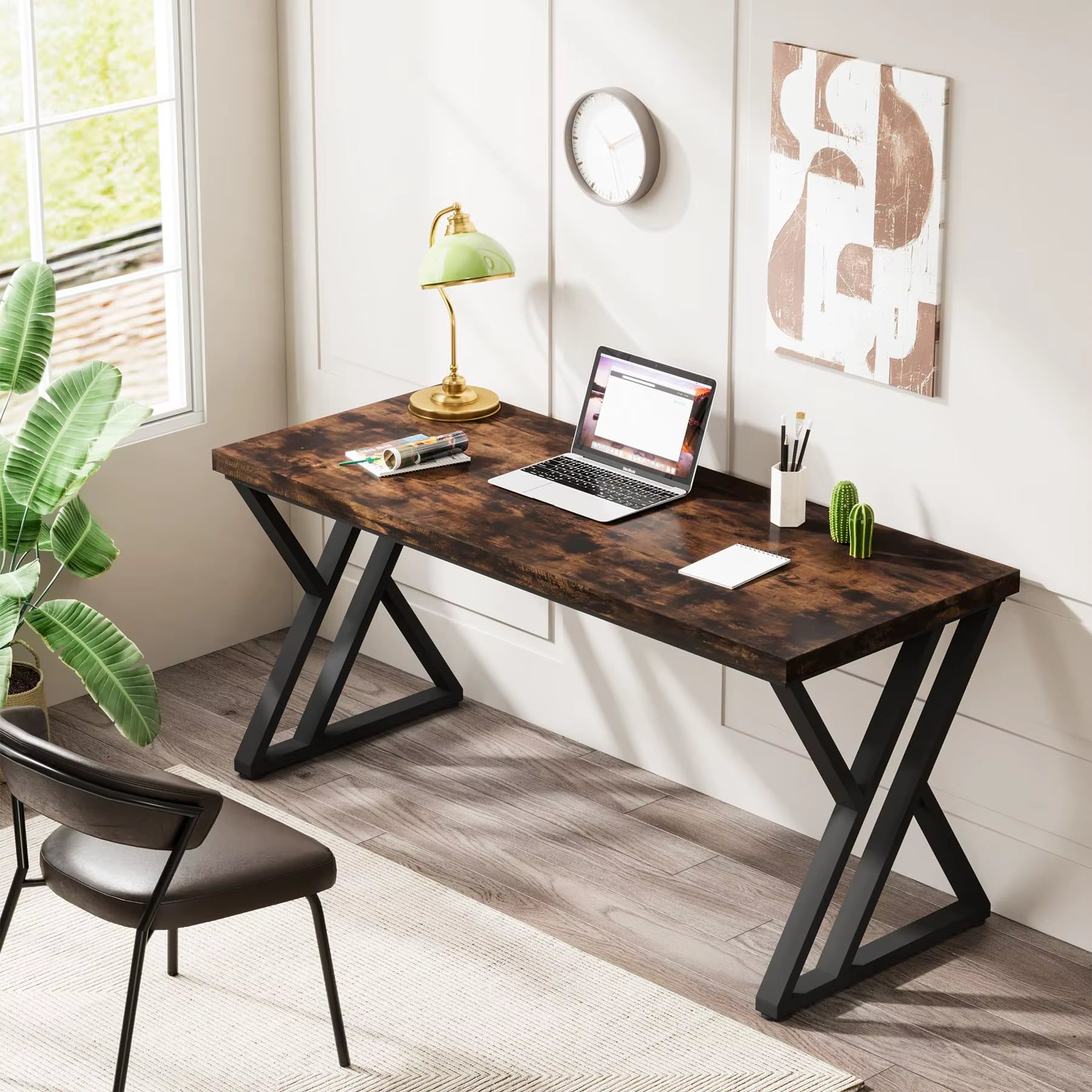 Writing Computer Desk, 55 Inch Heavy Duty Study Desk with Z-Shaped Metal Leg, Modern Simple Home Office Computer Desk