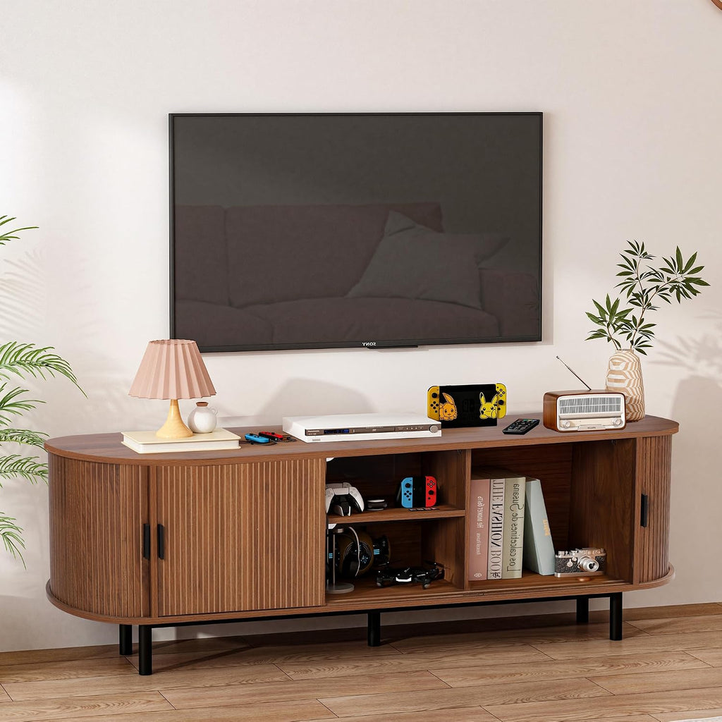 62" Tambour Door TV Stand,Wood Mid Century Modern TV Cabinet for up to 70“ Tv,Curved Edge Long TV Stand with Storage for Bedroom Living Room(Walnut, 62.2Inch)