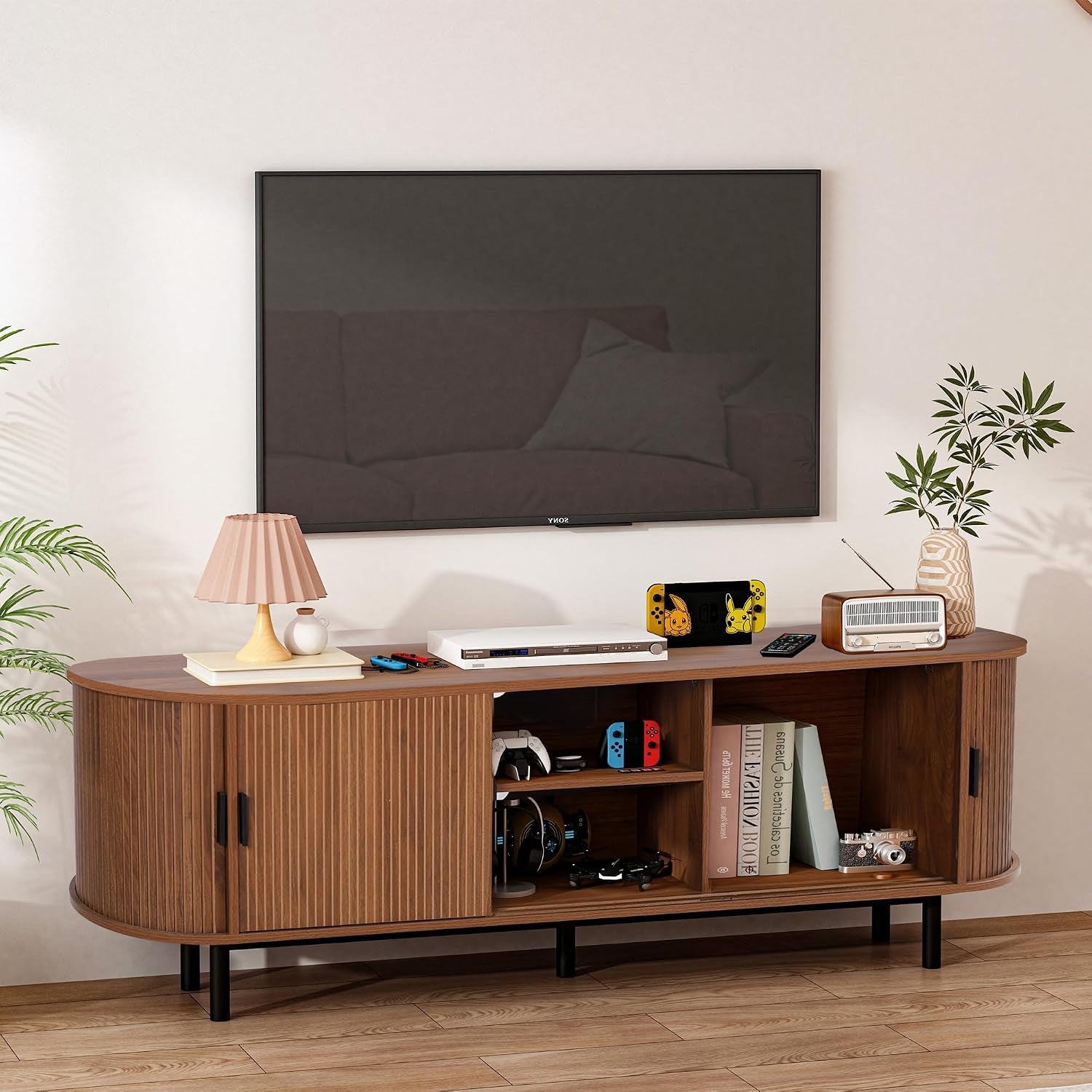 62" Tambour Door TV Stand,Wood Mid Century Modern TV Cabinet for up to 70“ Tv,Curved Edge Long TV Stand with Storage for Bedroom Living Room(Walnut, 62.2Inch)