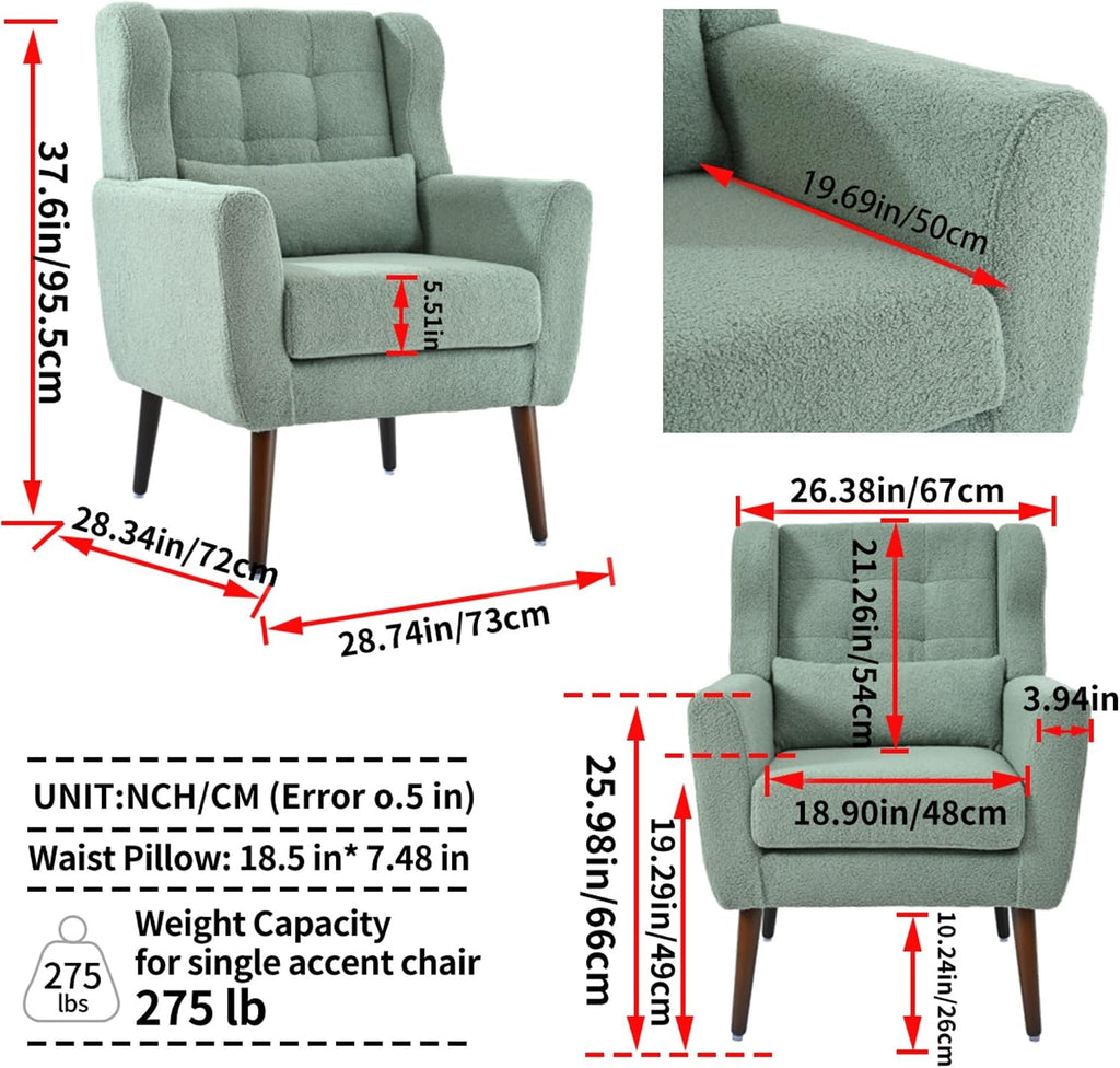 Modern Accent Chair Teddy Fabric Armchair with Pillow, Solid Wood Legs & High-Density Foam Filled, Soft Padded Lounge Chair Mid Century Reading Chair for Living Room, Bedroom, Light Green