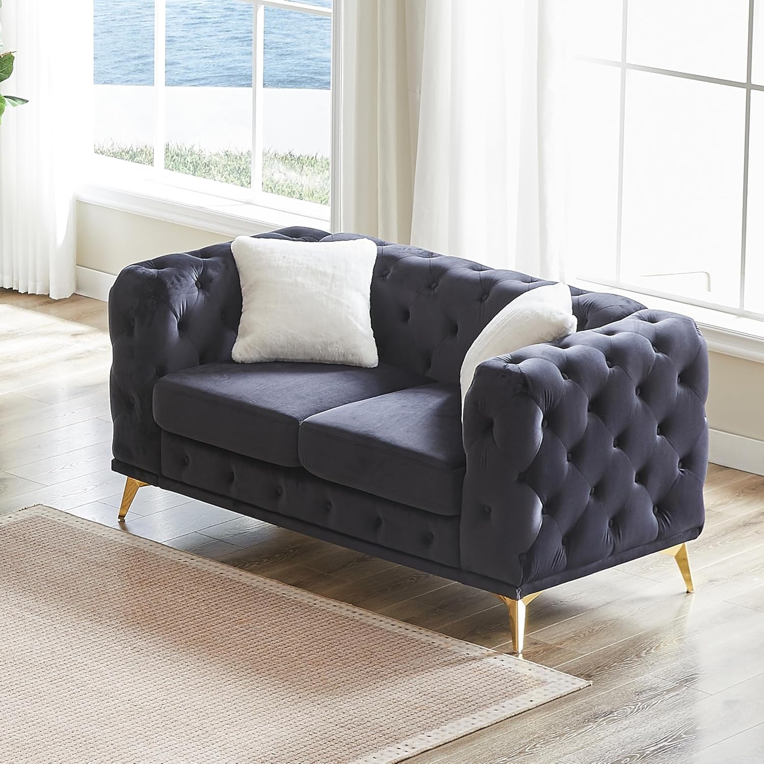 Chesterfield Loveseat, Modern Velvet Sofa Tufted Couch 2 Seater Deep Seat Chesterfield Sofa with Cloud Cushions for Living Room, Bedroom, Office, Apartment
