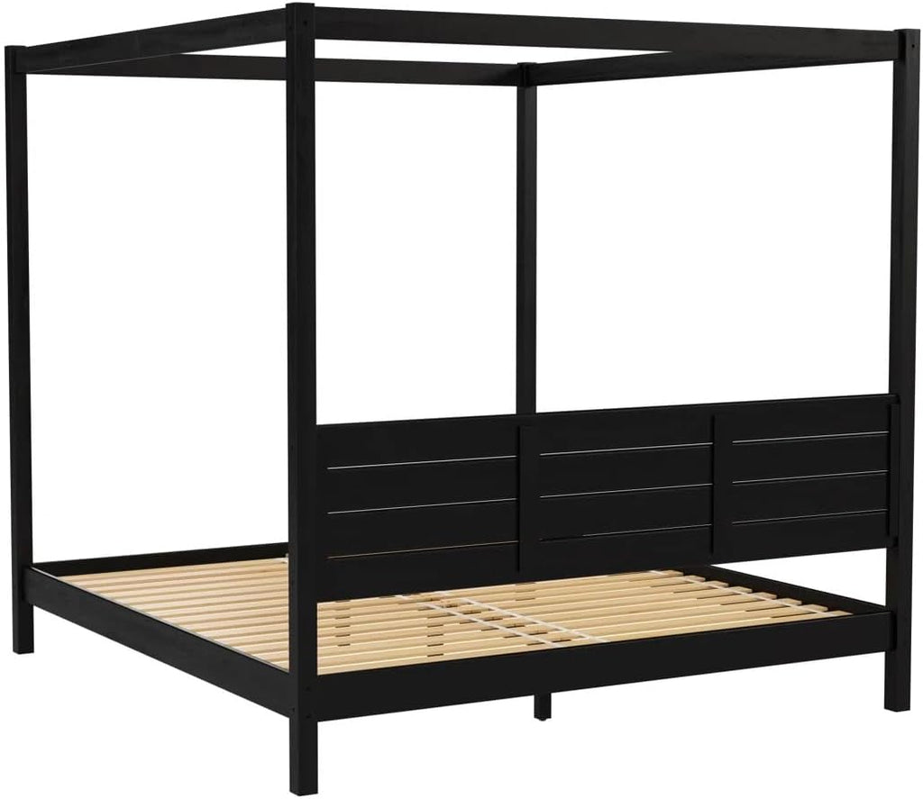 Solid Pine Canopy Bed Frame, King — Matte Black Painted Finish | No Box Spring Needed • Fsc-Certified Pine • Supports up to 560 Lbs • Slatted Headboard, No Box Spring Needed