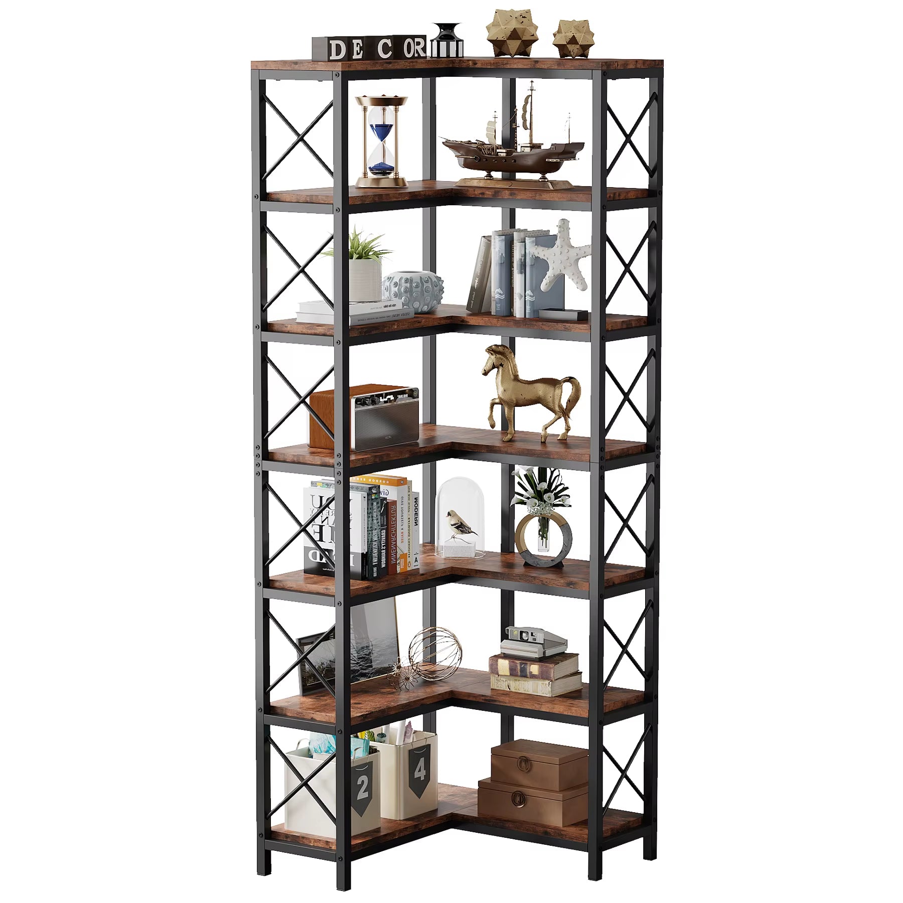 Seven tier corner bookshelf with metal frame