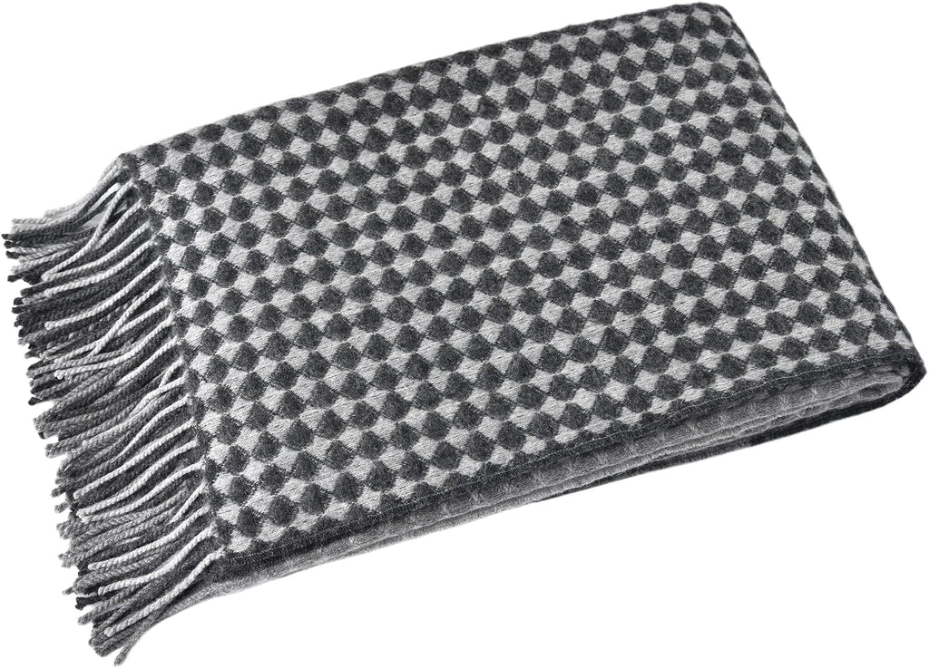100% Wool Throw Blanket 78 X 47 Inches for Couch Sofa, Reversible Diamond Check Plaid Pattern with Fringe Soft Breathable Cozy Wool Blanket for Living Room and Bed Gray Black Multicolor