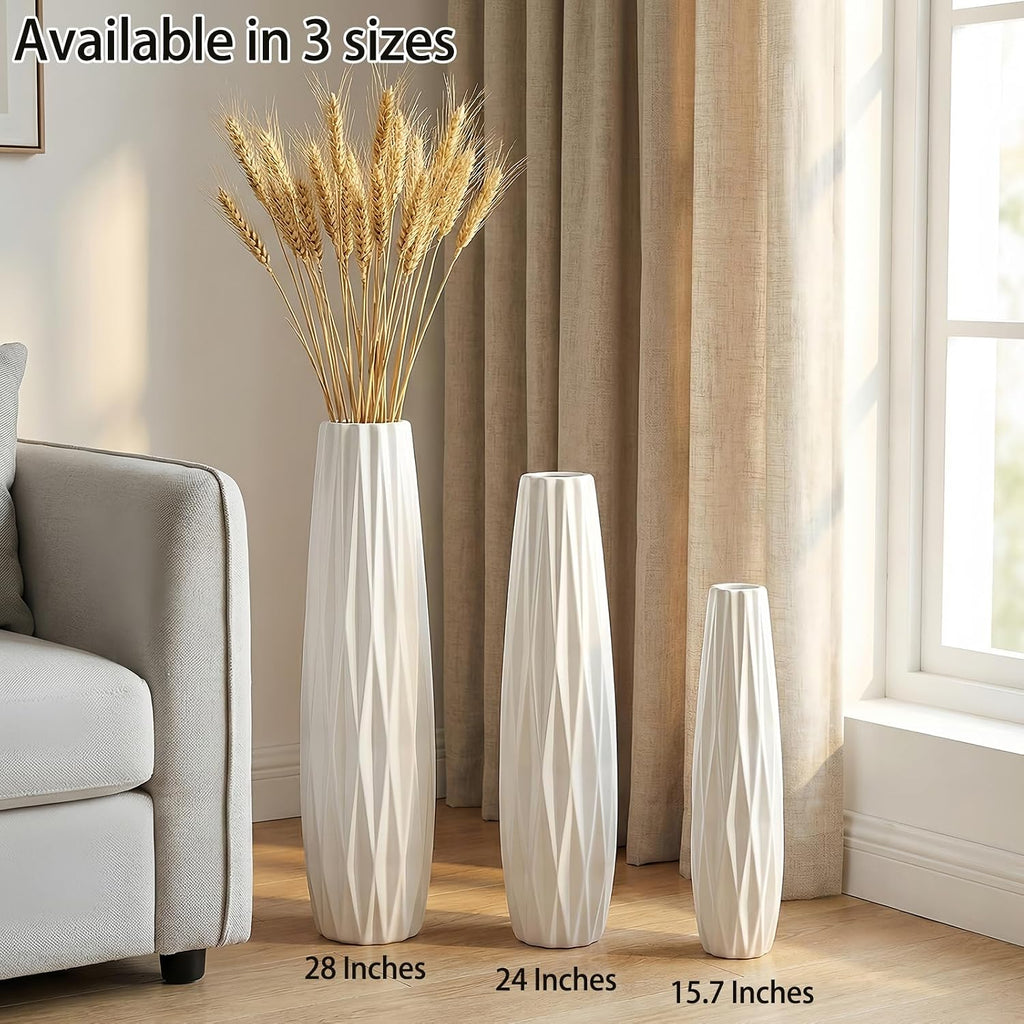 White Tall Ceramic Floor Vase, 15.7 Inch, Ribbed Design | Glossy Glazed Finish, Narrow Corners, Entryway, Bedroom, Compact Spaces