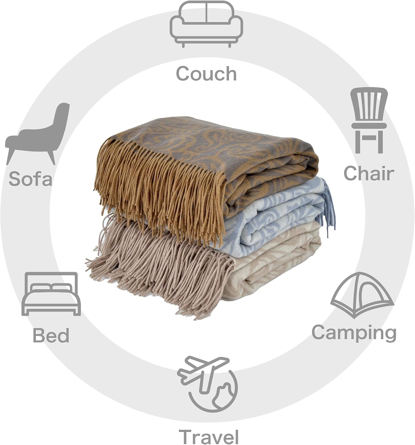 100% Wool Throw Blanket for Couch 50'' X 88''- Pure Wool Throw Blanket with Fringe, Soft Comfy Blanket for Couch Bedroom Lounge Chair Daybed, Khaki Couch Blanket for Minimalist Home Decor