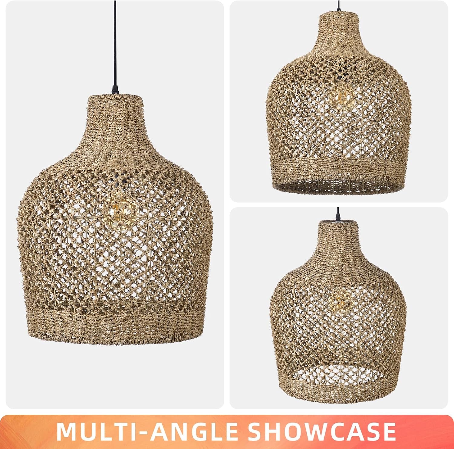 1 Light Rattan Pendant Light Rattan Chandelier Handwoven Boho Coastal Pendant Lampshade Wicker Basket Ceiling Light Hanging Light for Dining Living Room D 15.7″* 19.6″