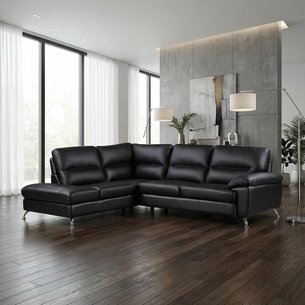 Contemporary Boston Genuine Leather Sectional Sofa with Left Chaise Lounge, Black 80"X98"