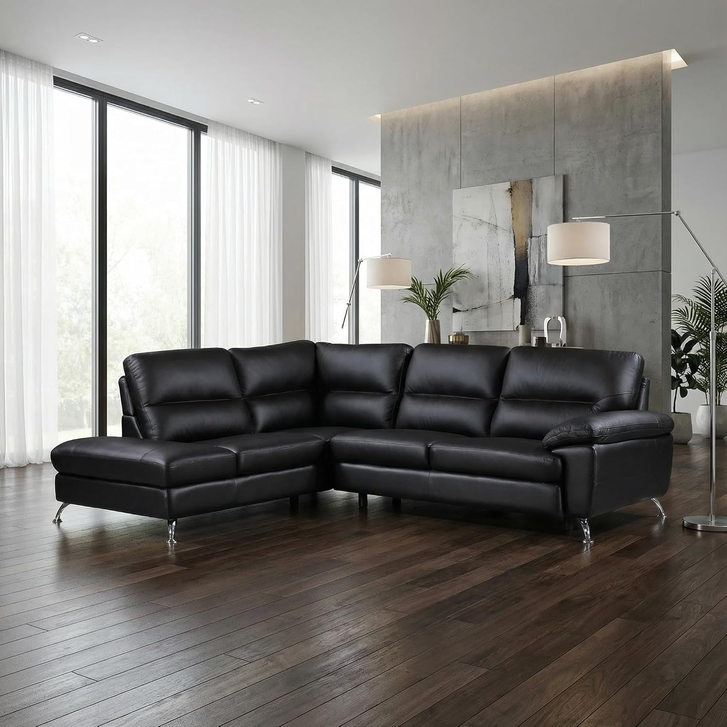 Contemporary Boston Genuine Leather Sectional Sofa with Left Chaise Lounge, Black 80"X98"