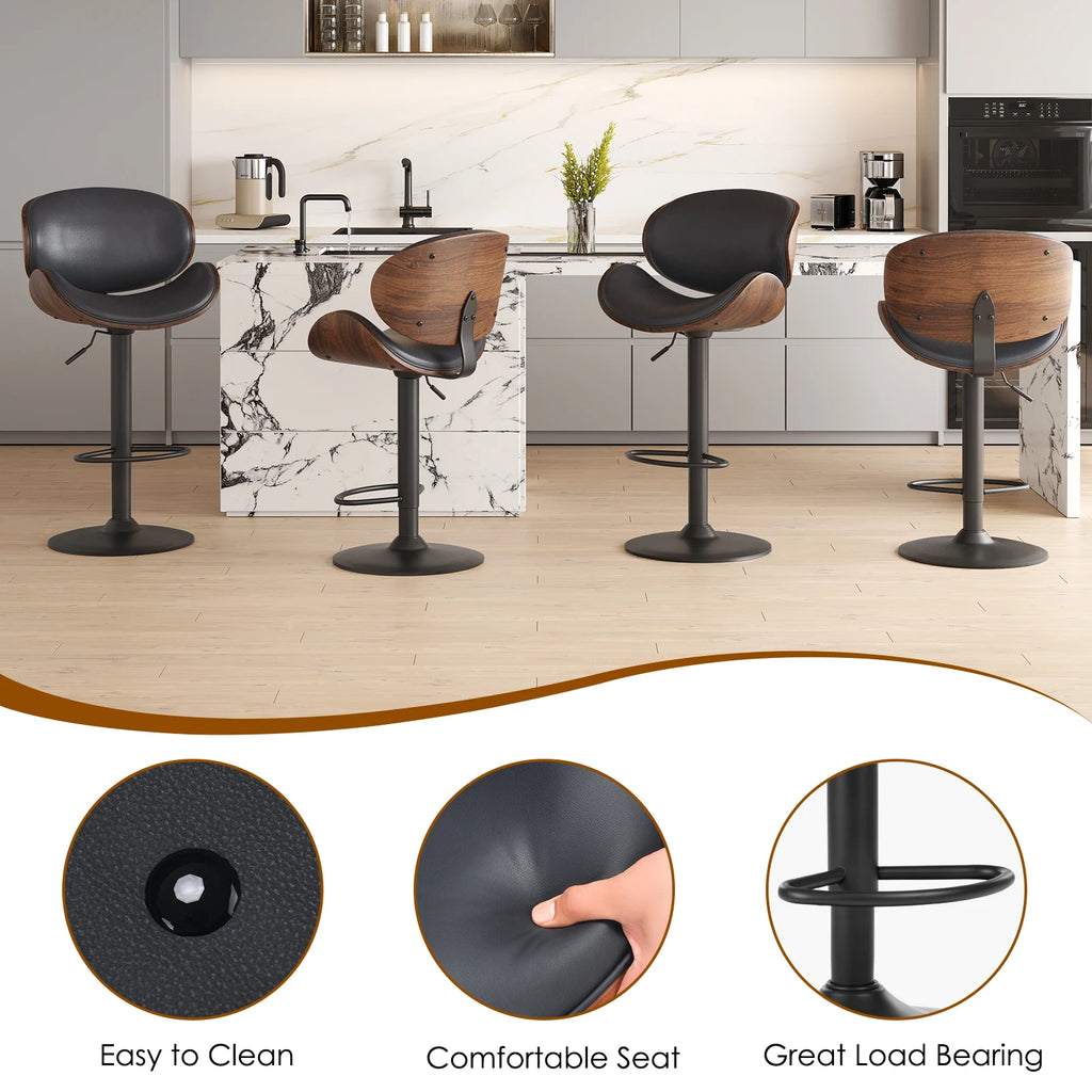 Set of 2 Swivel Bar Stools, Adjustable Height Bentwood Barstools with Backrest & Footrest, Modern Kitchen Counter Chair for Home Bar, Island
