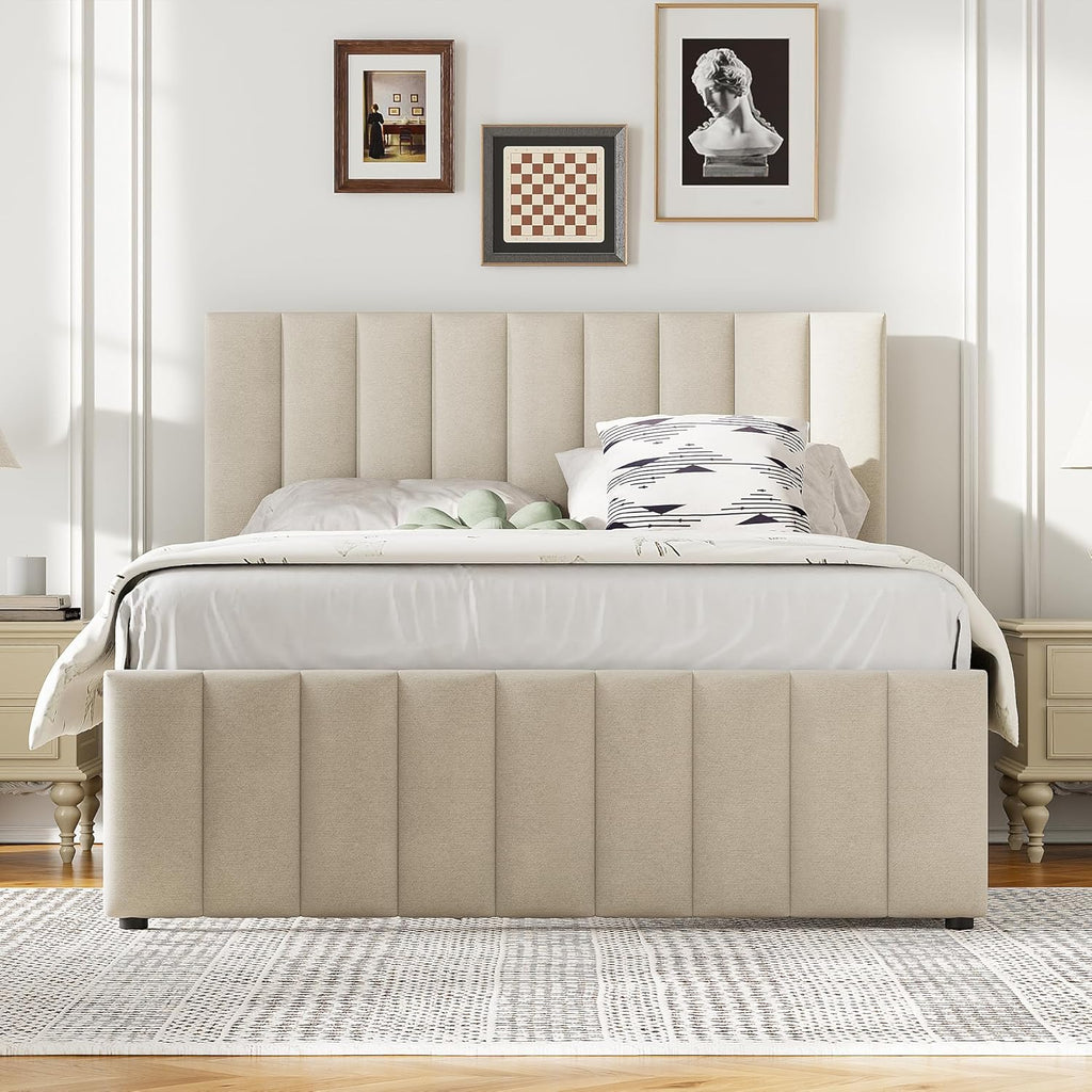 Full Size Bed Frame with Twin Trundle Bed and Storage Drawers,Linen Upholstered Bed Frame,Full Size Trundle Bed with Adjustable Headboard for Kids Teens Adults,Beige