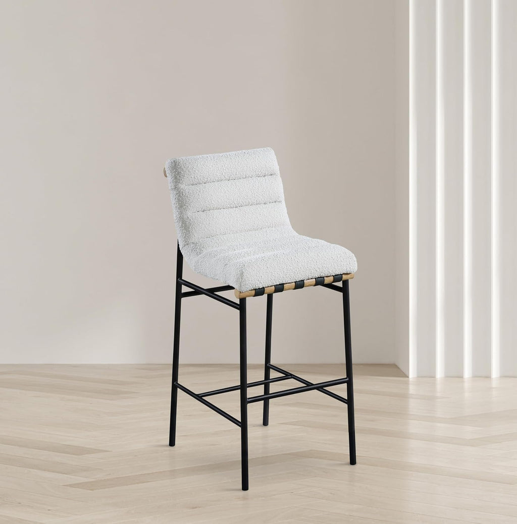Meridian Furniture 846Cream-C Burke Collection Modern | Contemporary Bar Stool with Rich Cream Boucle Fabric, Matte Black Metal Frame, White Oak Veneer Metal Dowel, 18" W X 24" D X 40.5" H, Cream