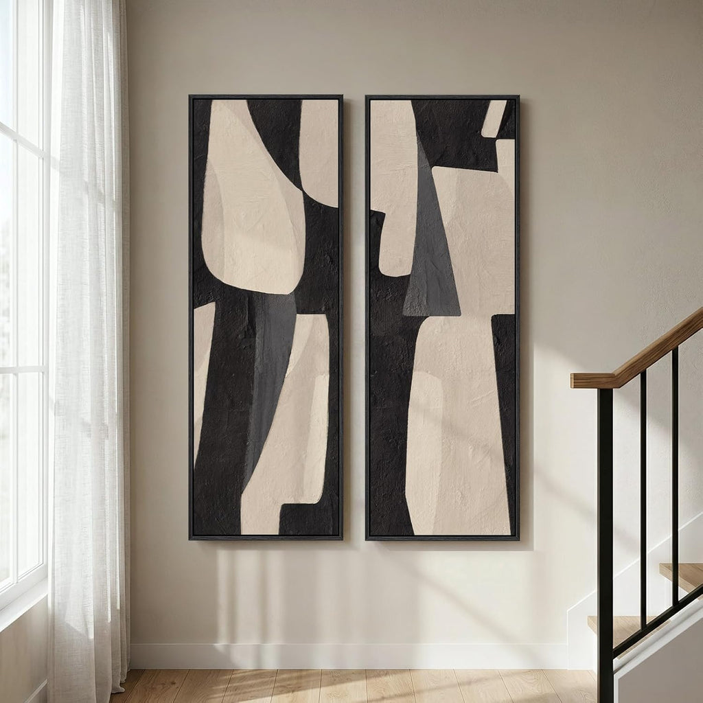 Framed Black Beige Abstract Long Vertical Wall Art for Living Room, 2 Piece | Long Narrow, Oversized, Canvas Prints, Abstract Pictures, Vertical, Modern Artwork, Black and Beige, Hallway Wall Decor