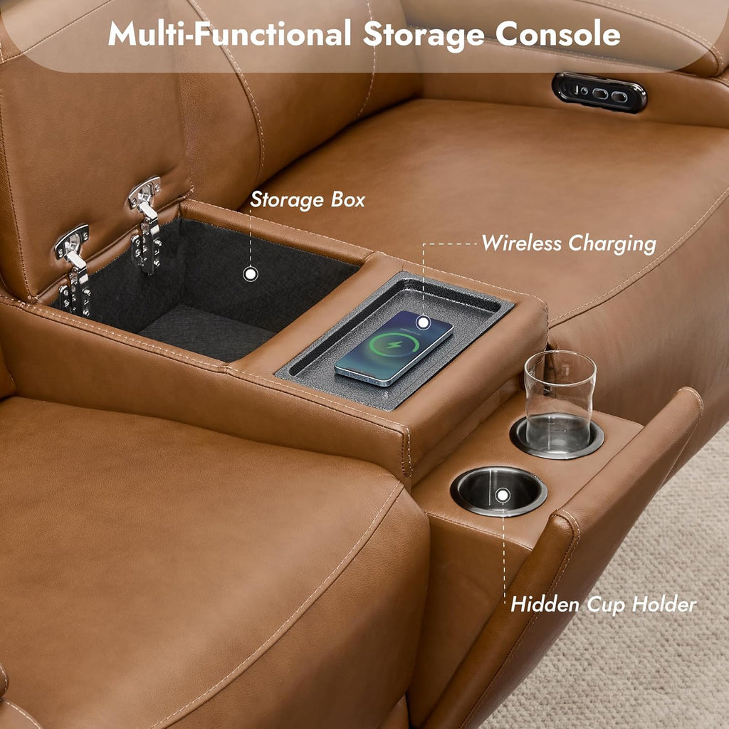 Zero Gravity Power Reclining Sofa with Console, Saddle | Genuine Leather Recliner Sofa, 3-Seater Couch, Flip-Middle Table, Storage Console, Power Headrests, Cup Holders, Living Room
