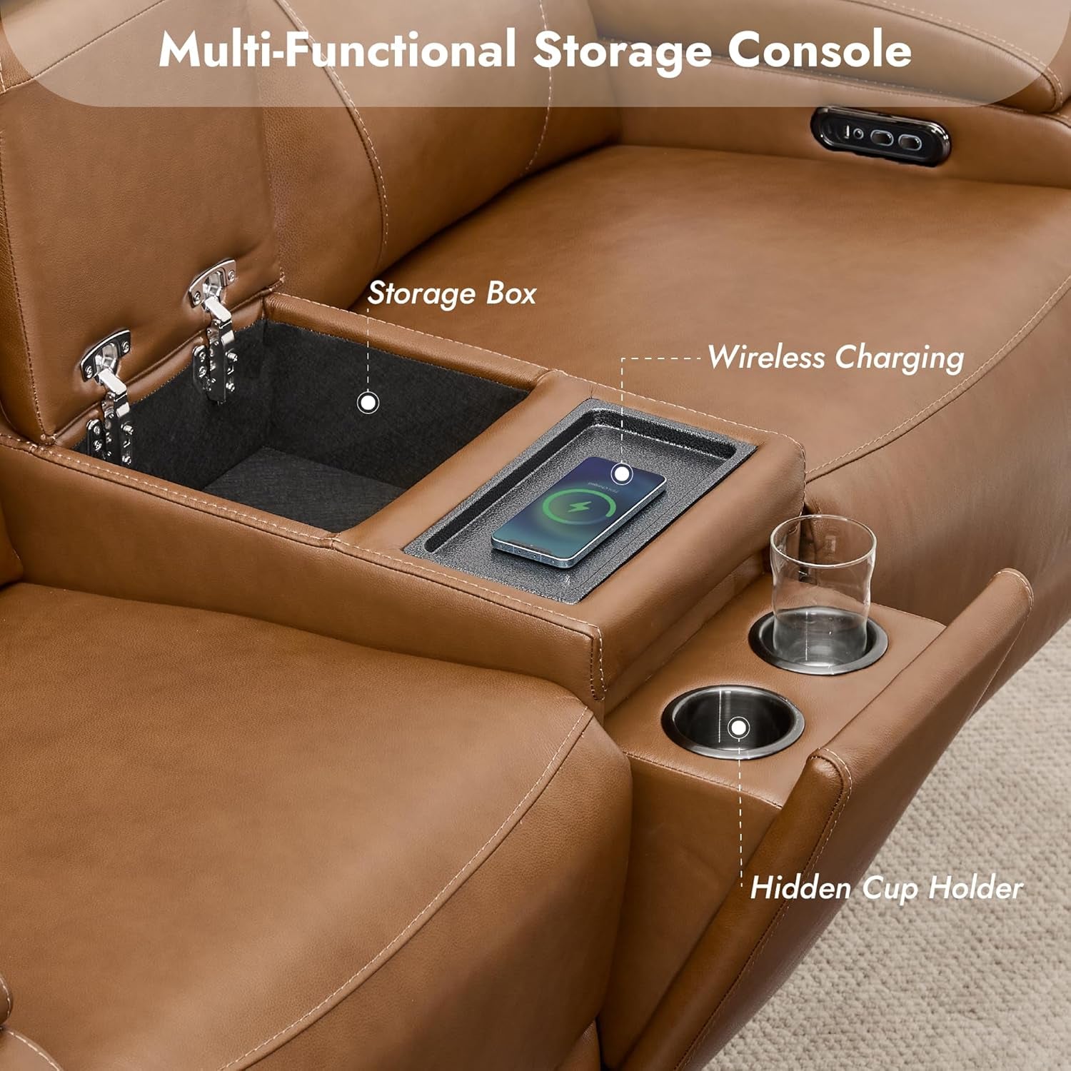 Zero Gravity Power Reclining Sofa with Console, Saddle | Genuine Leather Recliner Sofa, 3-Seater Couch, Flip-Middle Table, Storage Console, Power Headrests, Cup Holders, Living Room