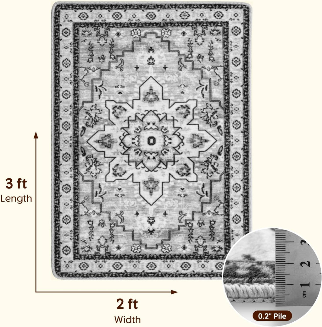 Machine Washable Rug Soft Pet Friendly Carpet 2X3 Gray | Persian Rug 2X3 for Entryway, Kitchen, Bathroom Non Slip Carpet, Foldable Stain Resistant Rugs